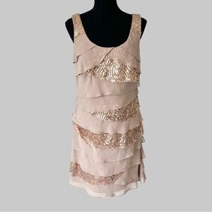Laura CHAMPAGNE Sequins Ruffled Stretch Shift Evening Dress